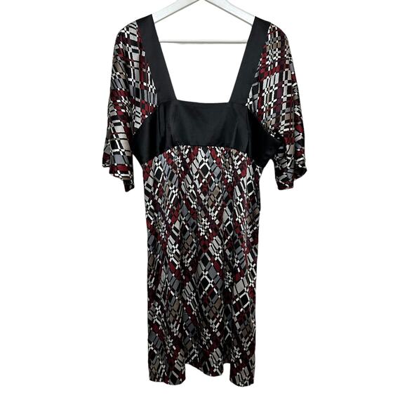 Y2K Trina Turk Silk Dress Geometric Patterned Red Black Grey Kimono Babydoll 12 - Picture 1 of 7